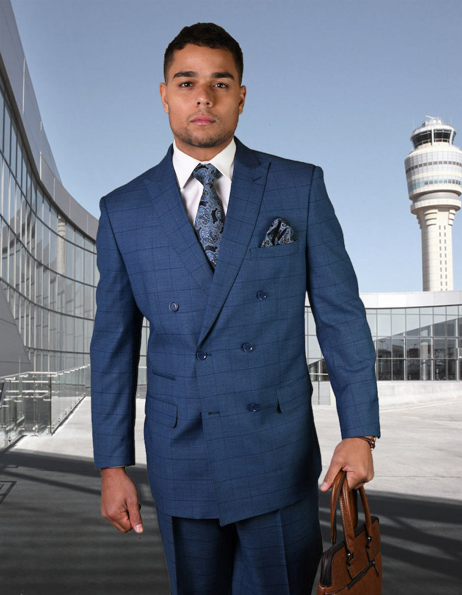 Mens Double Breasted Wool Suit in Indigo Windowpane - 38 Short