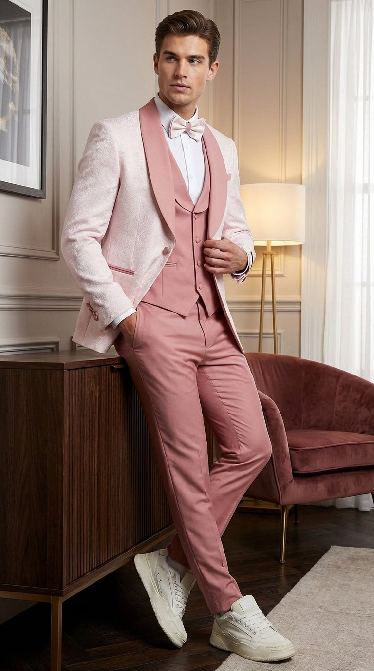 Men’s Cream and Rose Pink Prom Suit – Cream Tuxedo Jacket with Rose Pink Pants and Shawl Lapel Formal Suit for Prom and Wedding - 34 Short or Extra Small