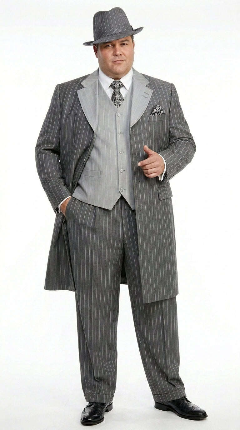 Men’s Grey Pinstripe Zoot Suit 3 Piece – 1920s Gangster Vintage Wide Lapel Suit with Vest for Wedding, Party - 34 Short or Extra Small