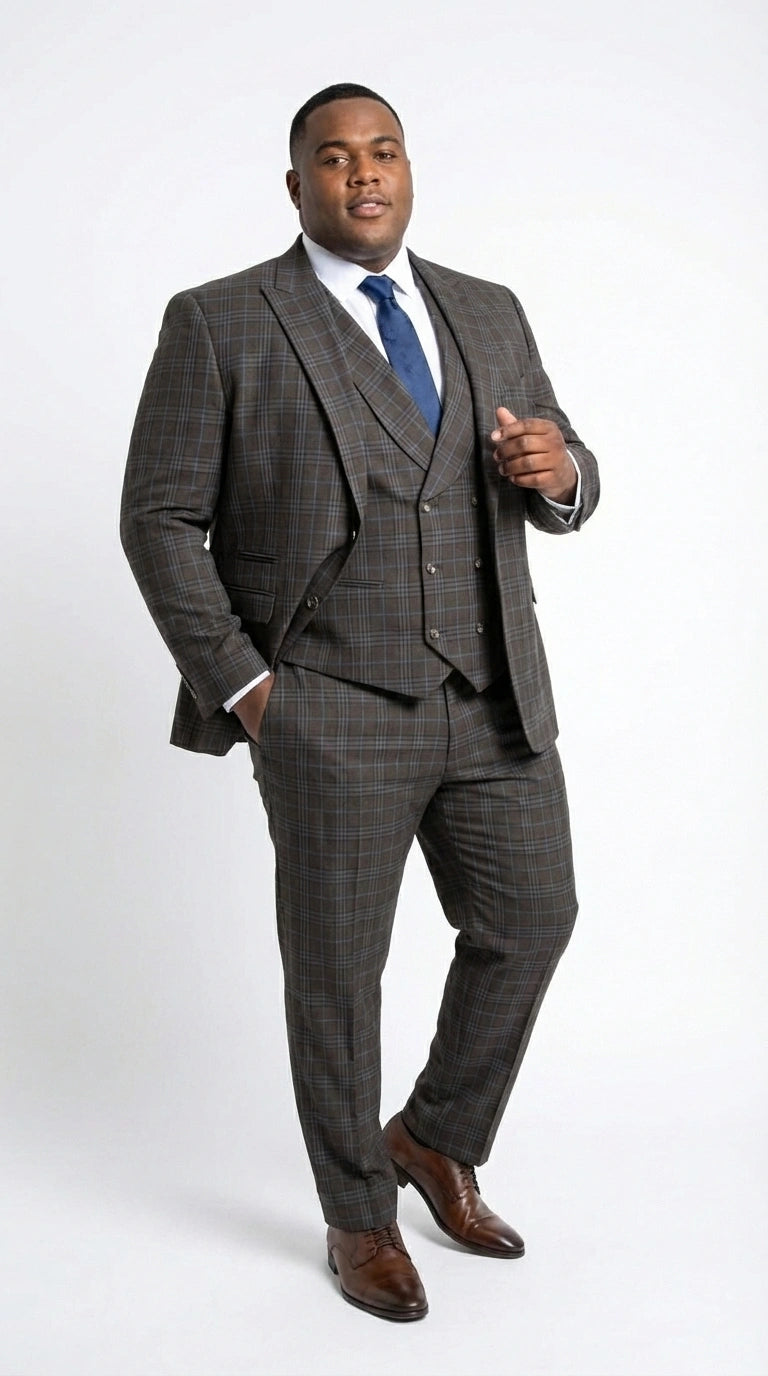 Vitali Men’s Brown Grey with blue Check 3 Piece Suit – Classic Plaid Formal Suit Set with Blazer, Vest & Trousers, Business Wedding Party Wear for Men Modern Fit - 34 Short or Extra Small