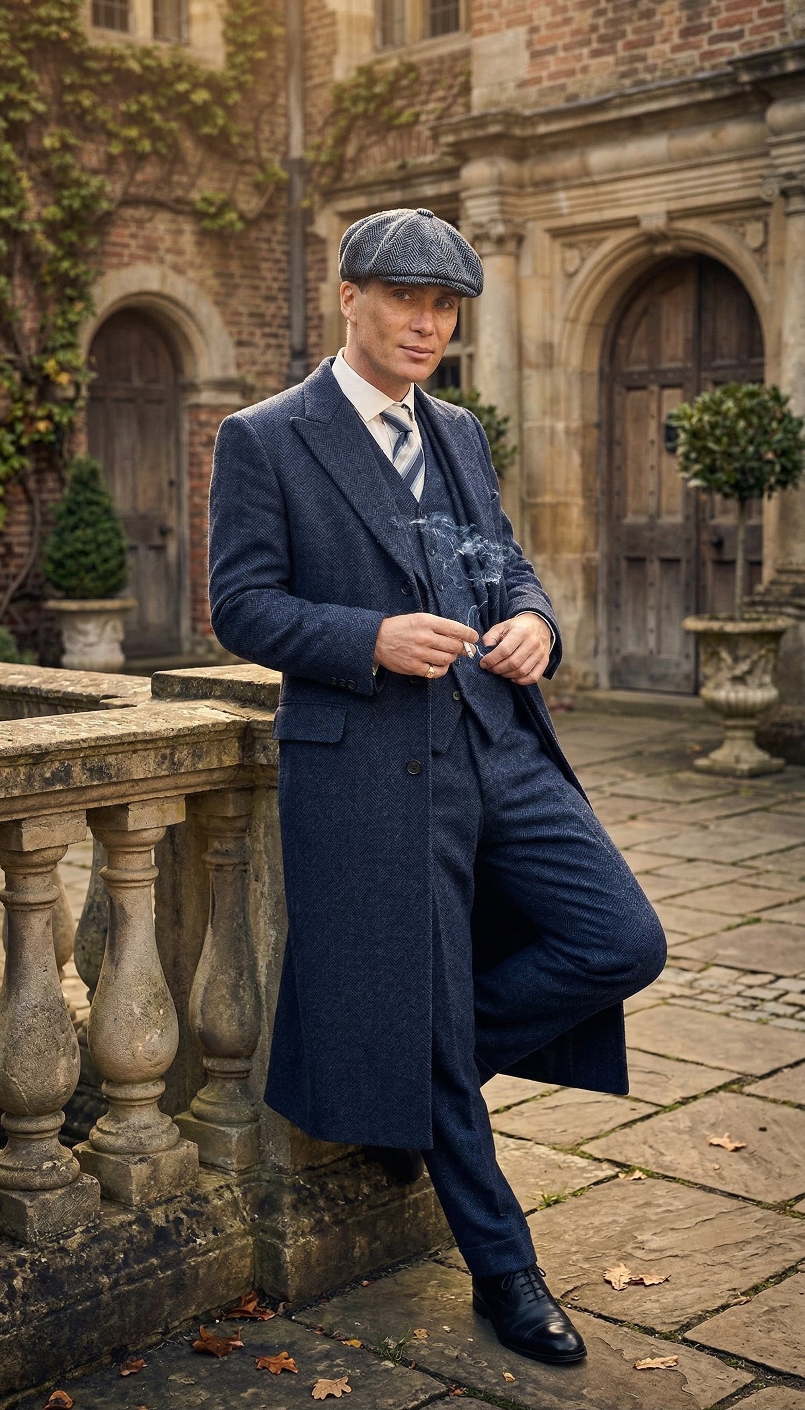Men’s Navy Blue Herringbone Tweed  1920s 3 Piece Suit with Overcoat – Vintage Peaky Blinder Style Formal Suit Set with Blazer, Waistcoat + Overcoat + Hat - Navy Blue