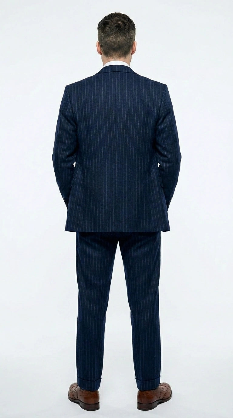 Men’s Navy Blue Pinstripe 3 Piece Suit, Thomas Shelby Inspired Vintage Formal Suit for Weddings, Parties, Prom, and Special Events - 34 Short or Extra Small