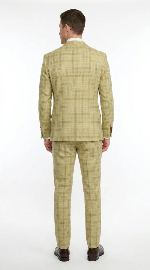 Vitali Men’s Sage Beige Tan Plaid 3 Piece Suit, Check Pattern Formal Dress Suit for Weddings, Prom, Business Events, Modern Fit Light Yellow Color