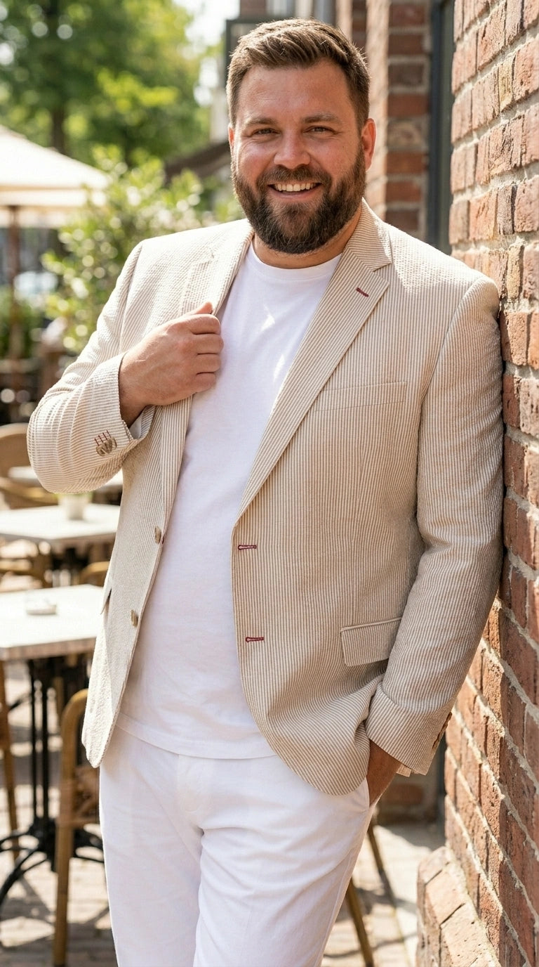 Men’s Beige Seersucker Summer Blazer, Lightweight Striped Sport Coat for Weddings, Parties, Beach Events in Tan Color - 36 Short