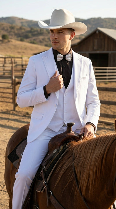 Men’s White Western Cowboy 3 Piece Tuxedo Suit, Formal Wedding Prom Groom Suit Set