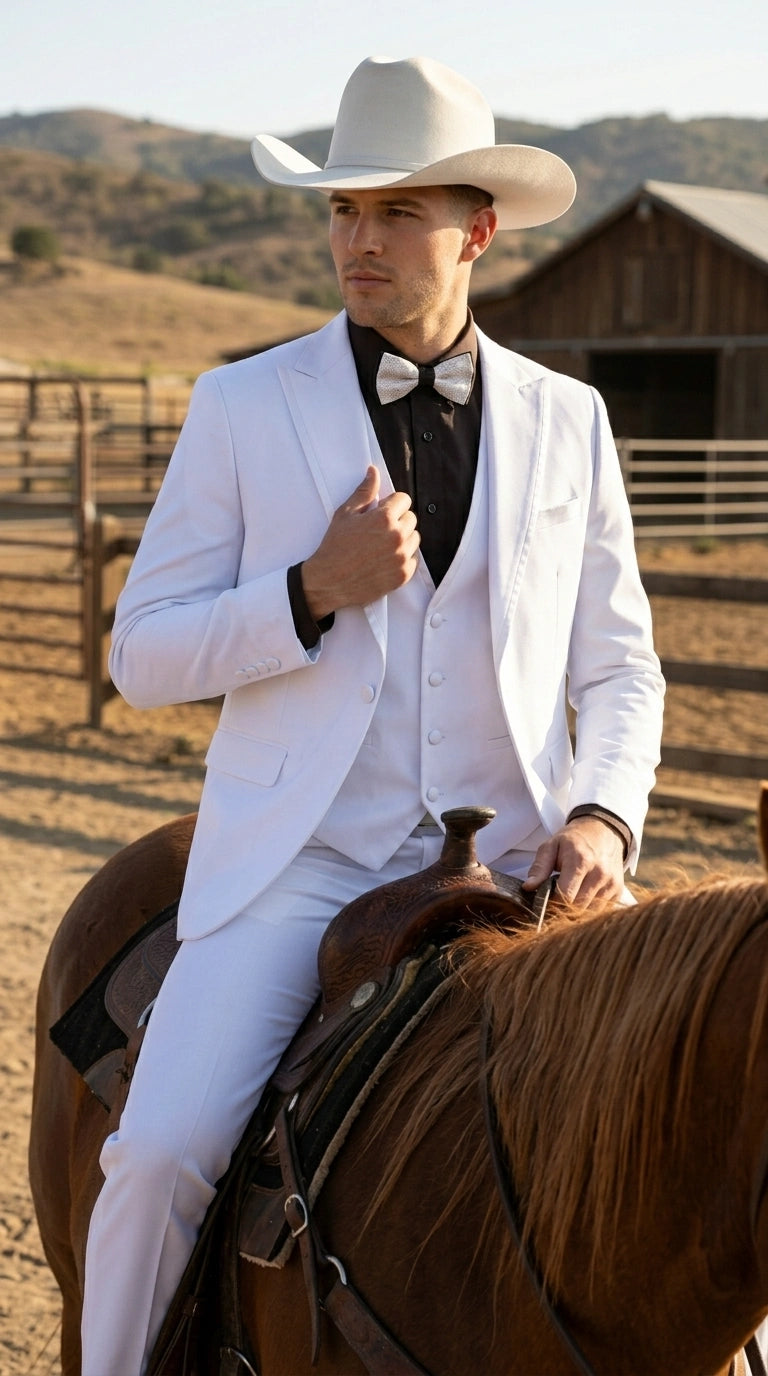 Men’s White Western Cowboy 3 Piece Tuxedo Suit, Formal Wedding Prom Groom Suit Set - 34 Short or Extra Small