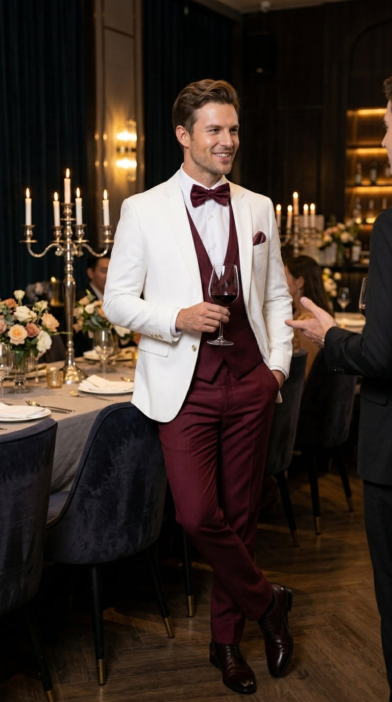 Men’s White and Burgundy 3 Piece Tuxedo Suit, Vested Formal Wedding Prom Dinner Suit Set bowtie included