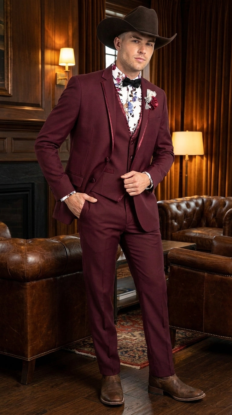 Men’s Burgundy Western Tuxedo Suit, 3 Piece Cowboy Formal Wedding Prom Suit with Satin Trim - 34 Short or Extra Small