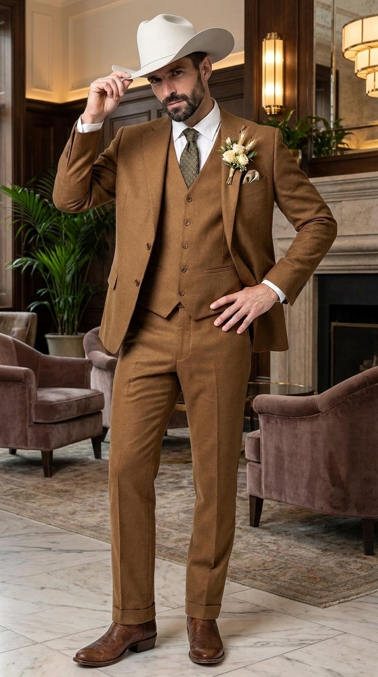 Men’s Tan Groom Outfit Country Wedding 3 Piece Suit Khaki Camel Color Modern Fit - 34 Short or Extra Small