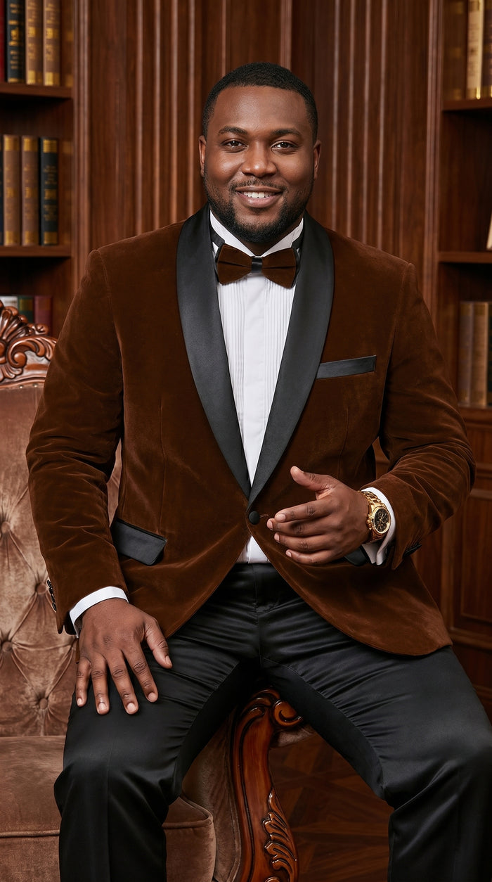 Men’s Brown Camel Bronze Velvet Tuxedo Jacket, Shawl Lapel Wedding Prom Dinner Blazer - Blazer Sportcoat
