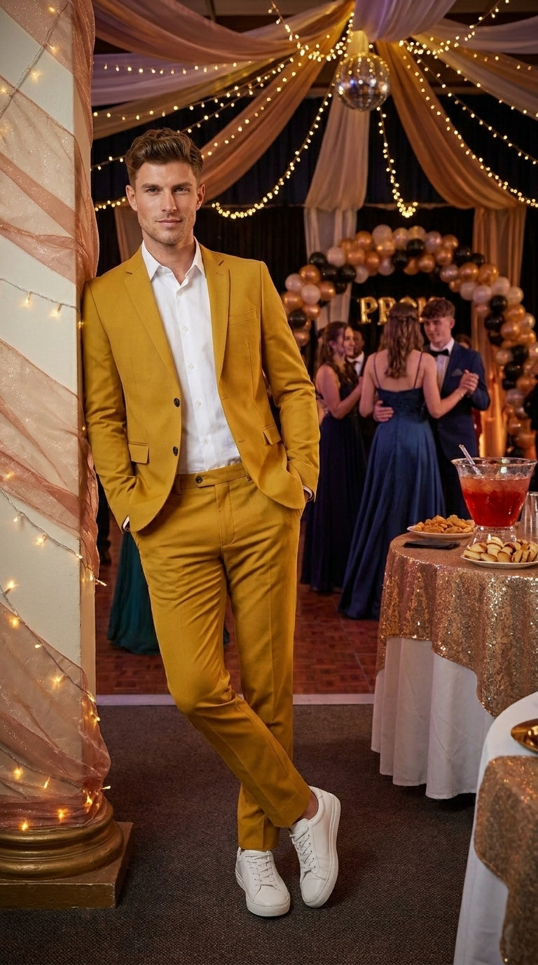 Men’s Gold Mustard Color Suit – Wedding & Prom Formal Suit Outfit, Modern Blazer and Pants - 34 Short or Extra Small