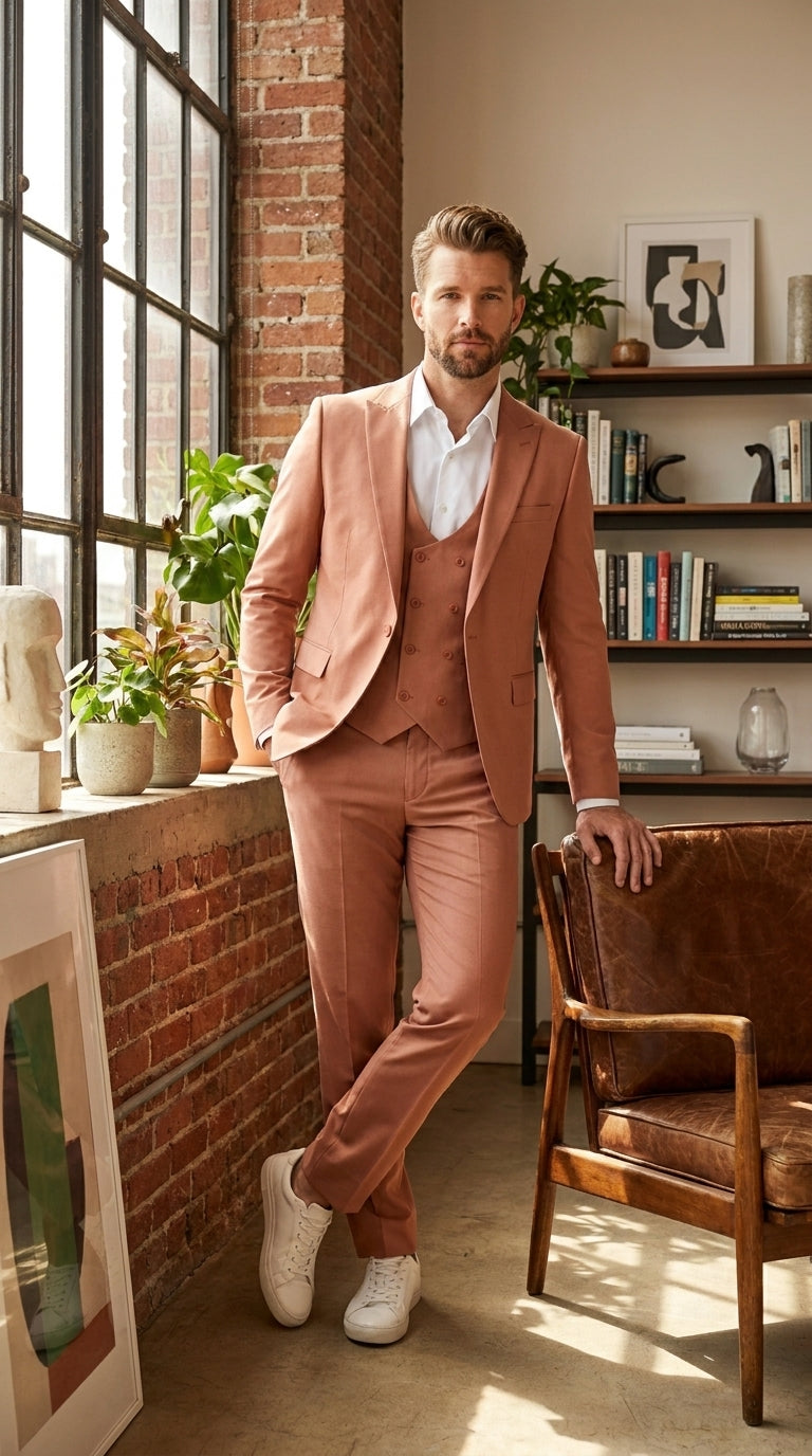 Men’s Peach Light Brown 3 Piece Suit – Wedding & Prom Formal Suit Set, Blazer Pants Double breasted vest - 34 Short or Extra Small