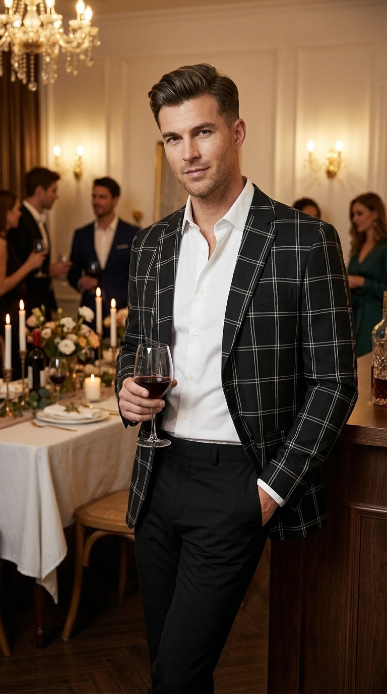 Men’s Black Windowpane Check Blazer – Black Plaid Formal Blazer Jacket for Business, Wedding and Smart Casual Style - 36 Short