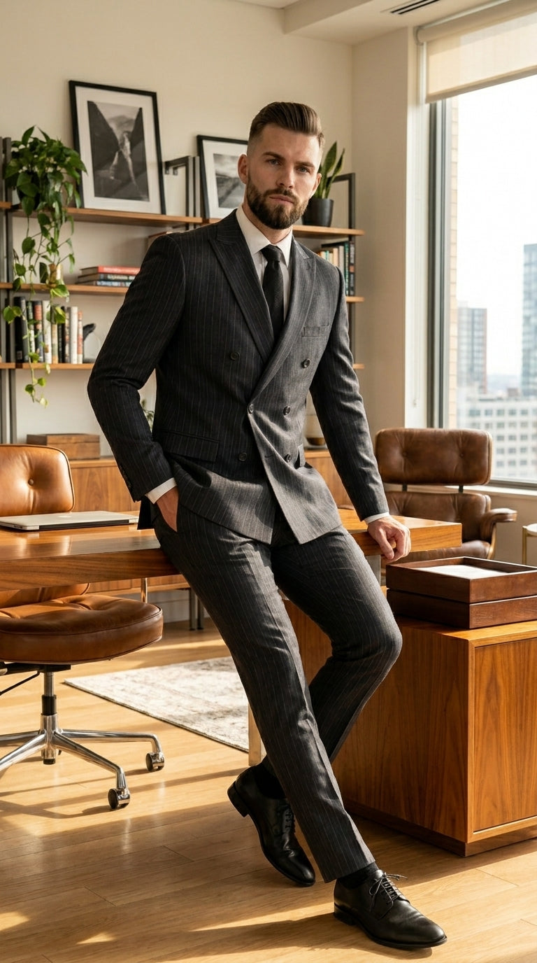 Men’s Black Pinstripe Double Breasted Suit – Classic Formal Business Suit Office and Evening Wear Modern Fit Conservative pattern - 34 Short or Extra Small
