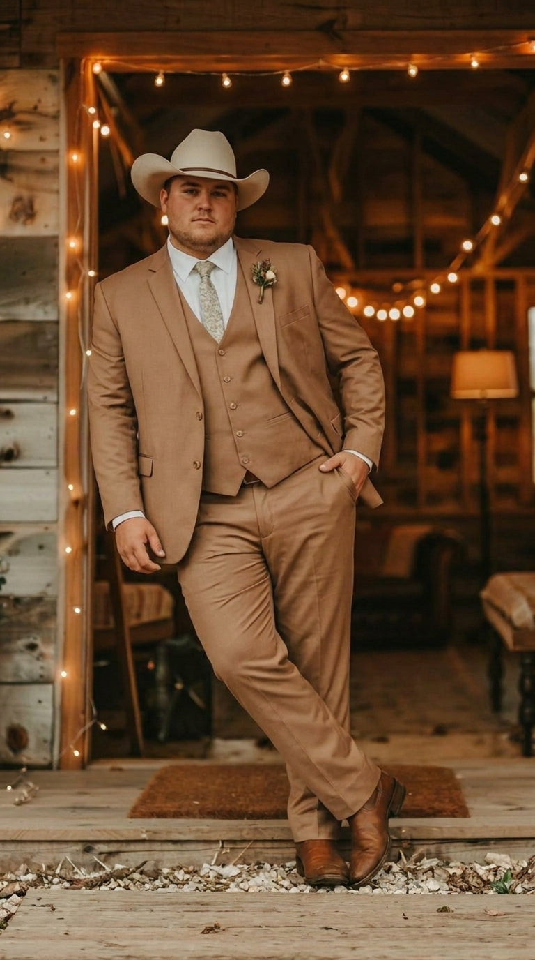 Mens Camel Brown Copper Western 3 Piece Suit – Classic Country Style Blazer Vest Pants Set, Formal Cowboy Suit Outfit