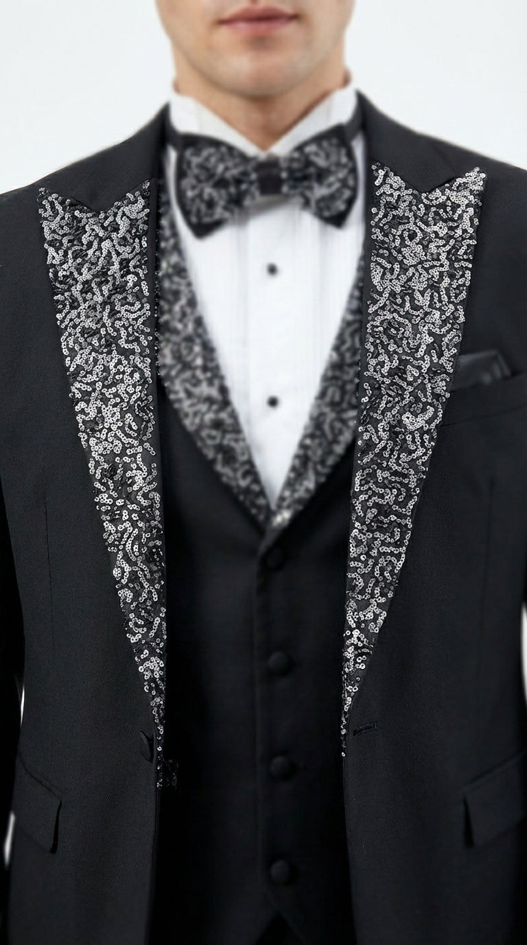 Mens Black and White Lapel Tuxedo Suit – Black Formal Tuxedo with White Pattern Lapel for Wedding, Prom and Evening Events - 34 Short or Extra Small