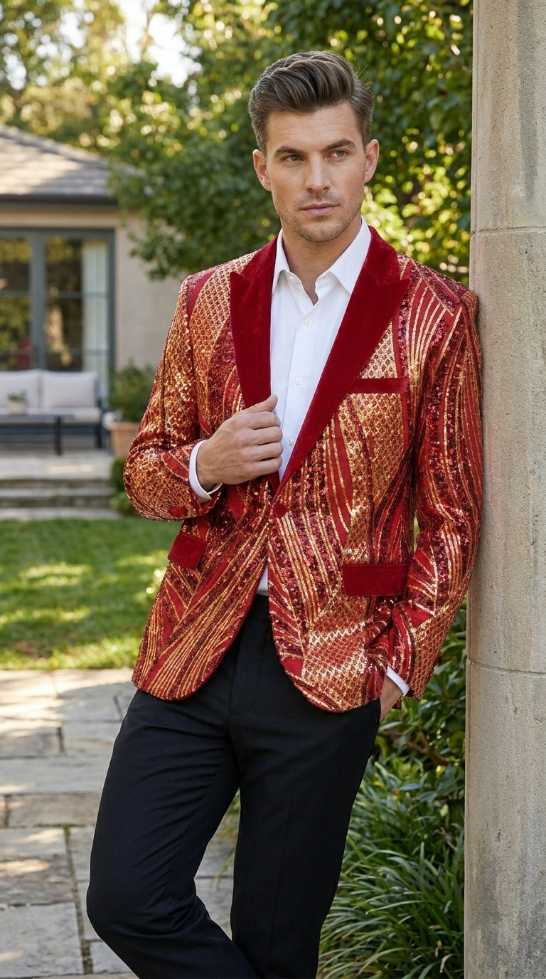 Men’s Red and Gold Sequin Christmas Holiday Blazer – Luxury Party Jacket for New Year, Wedding and Festive Events - 36 Short