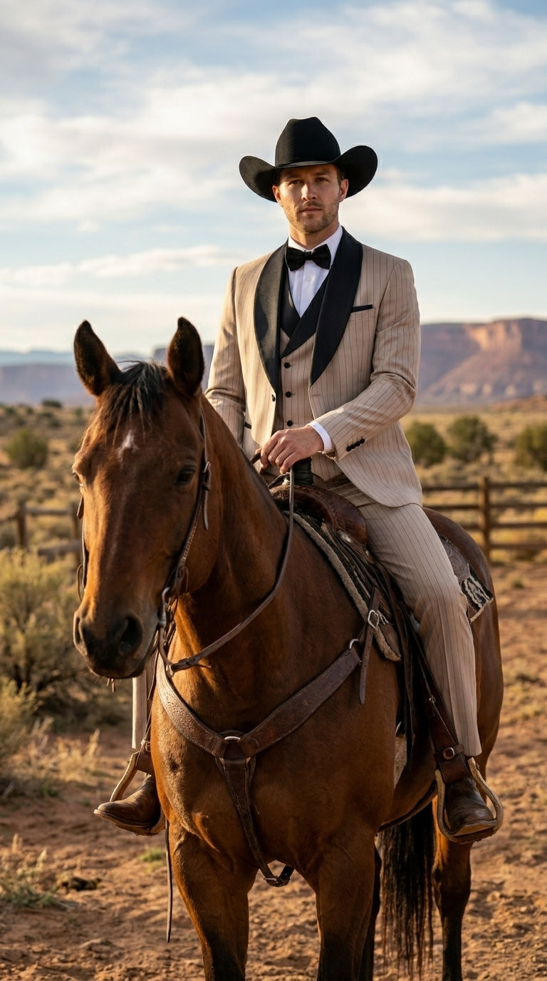 Men’s Beige Pinstripe Western 3 Piece Tuxedo Suit with Black Shawl Lapel, Formal Cowboy Wedding Prom Suit in Tan Khaki Color - 34 Short or Extra Small