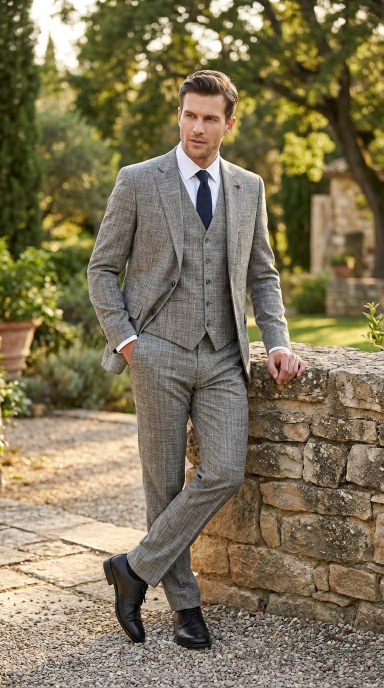 Vitali Brand Men’s Grey Textured Patterned 3 Piece Suit – Modern Fit Checkered Sharkskin with Blazer, Vest & Trousers, Business Wedding - 34 Short or Extra Small