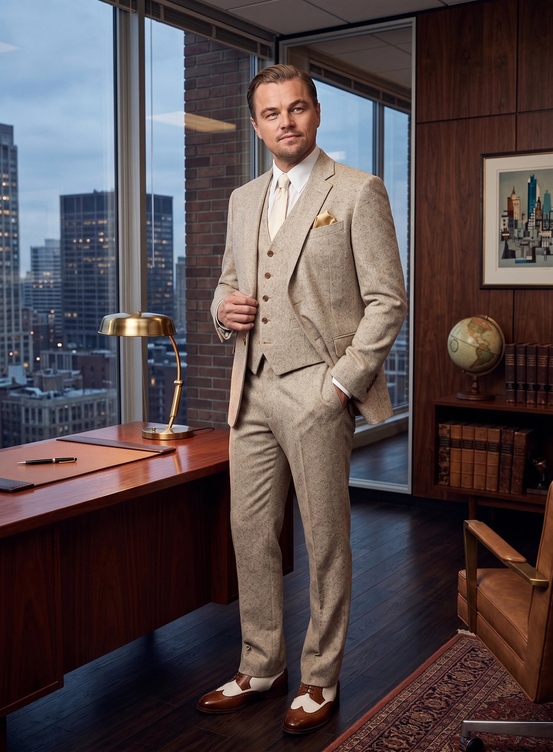 Men’s Light Tan Tweed Great Gatsby 3 Piece Suit – Vintage Vested Wedding Suit, 1920s Classic Formal Outfit Herringbone - 34 Short or Extra Small