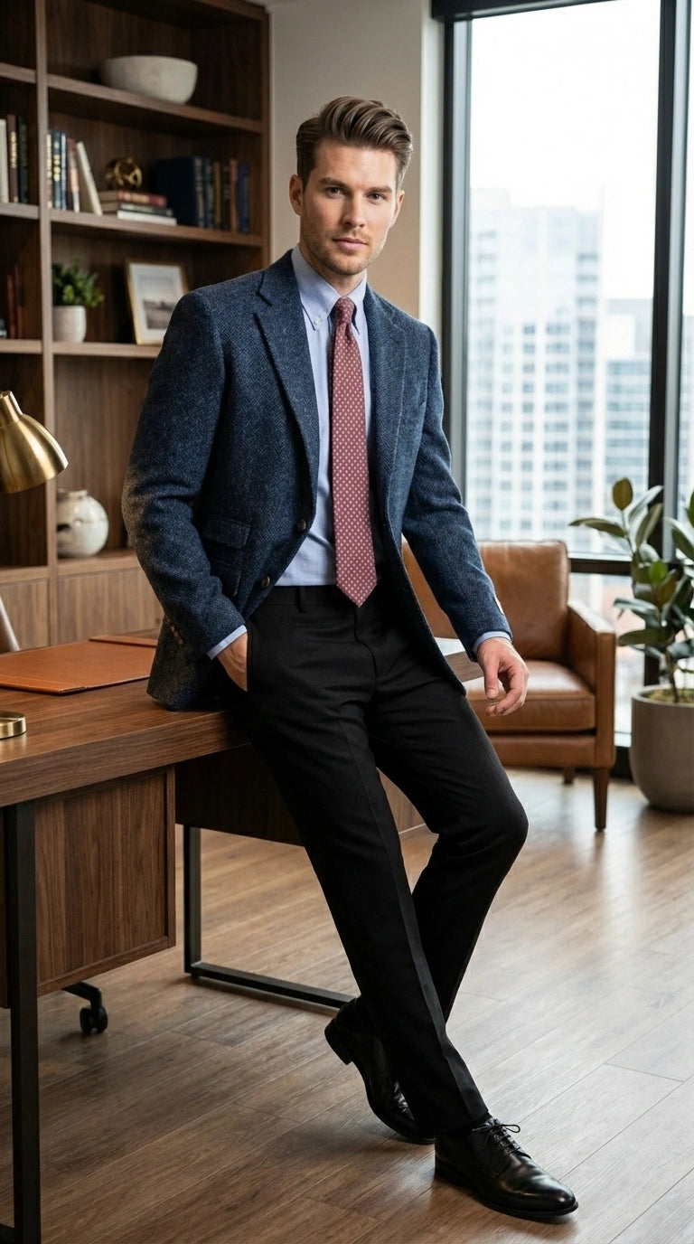 Mens Light Blue Tweed Blazer Sport Coat – Classic Herringbone Jacket Formal Business Casual Smart Outerwear in indigo cobalt blue - 36 Short