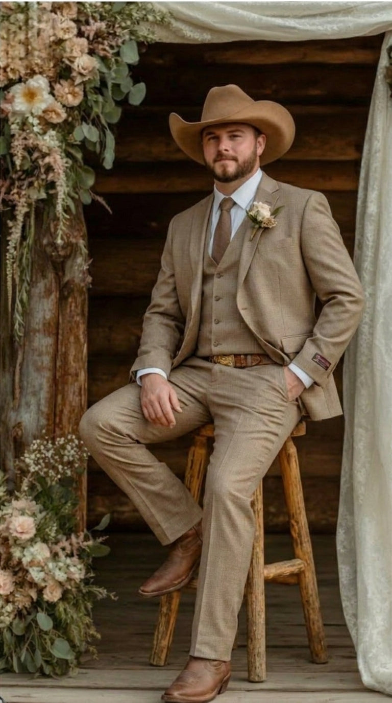 Mens Sharkskin Dark Taupe Tan with sheen Western 3 Piece Suit – Classic Country Style Blazer Vest Pants Set, Formal Cowboy Suit Outfit - 34 Short or Extra Small