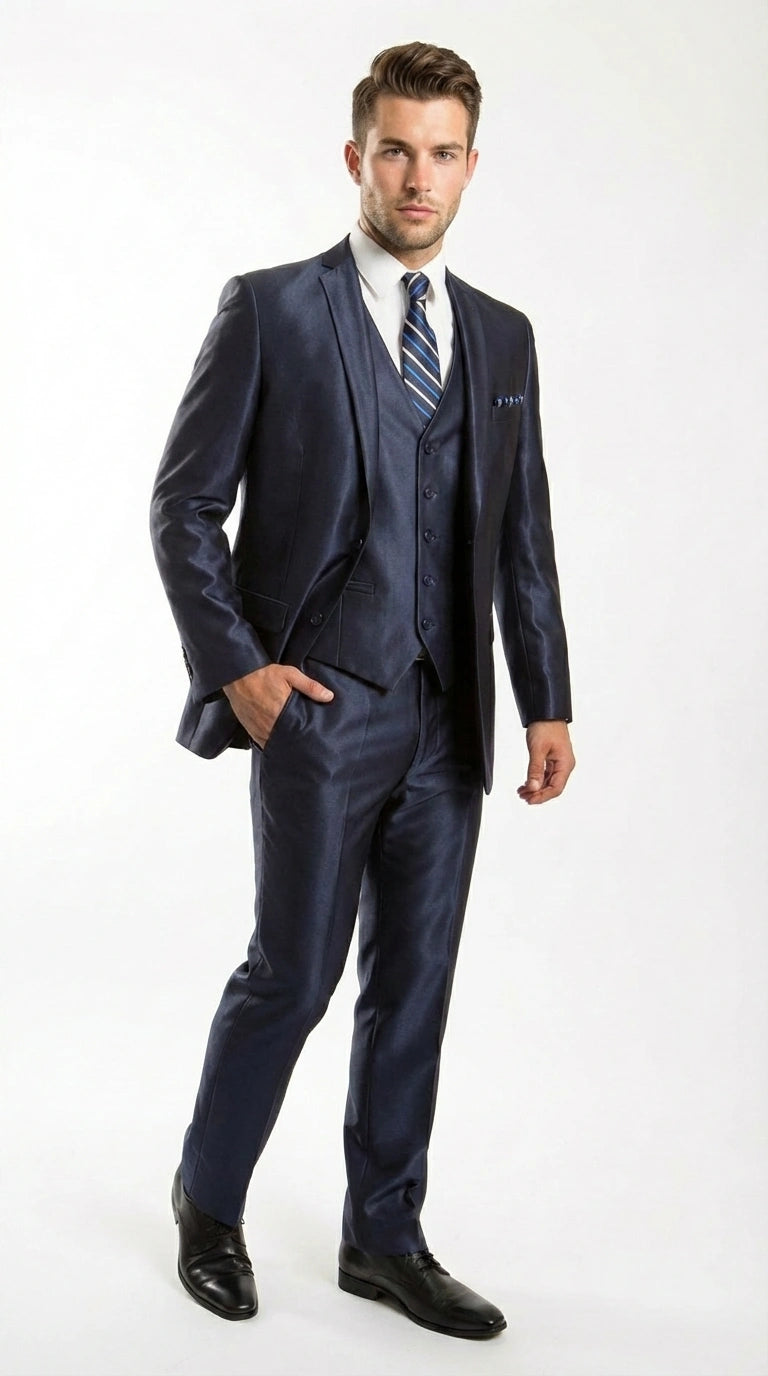 Men’s Navy Blue Sharkskin 3 Piece Suit – Two Button Vested Shiny Formal Suit for Wedding, Prom, Business and Party Wear - 34 Short or Extra Small