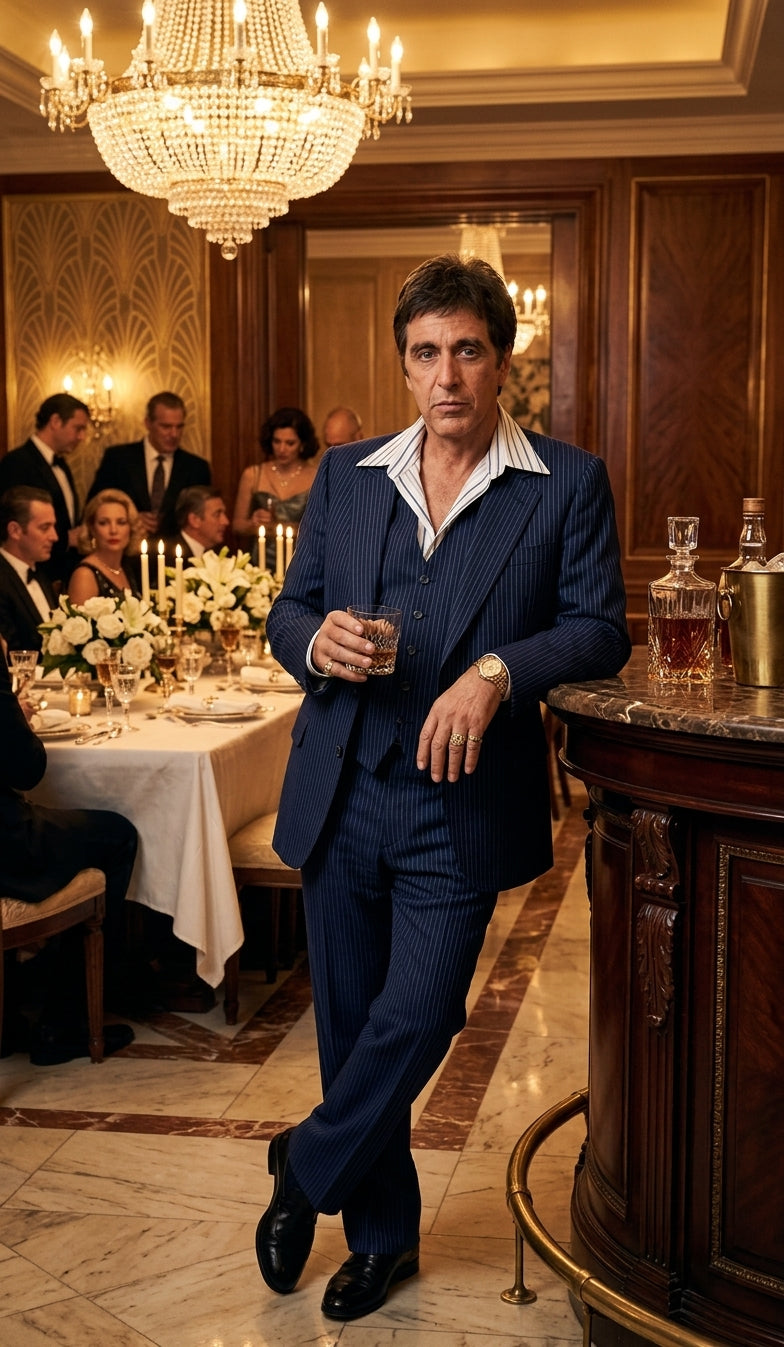 Tony Montana’s Blue Pinstripe 3 Piece Suit – Men’s Vintage Blue Striped Suit for Wedding, Prom and Classic Formal Wear - 34 Short or Extra Small