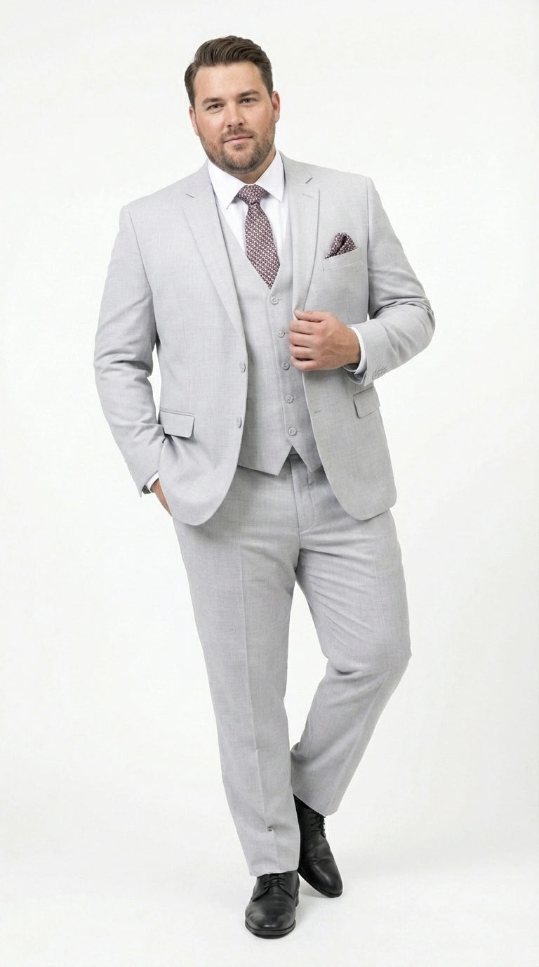 Men’s Light Grey Sharkskin 3 Piece Suit – Two Button Vested Modern Formal Business Suit for Wedding in silver Ice Gray - 34 Short or Extra Small
