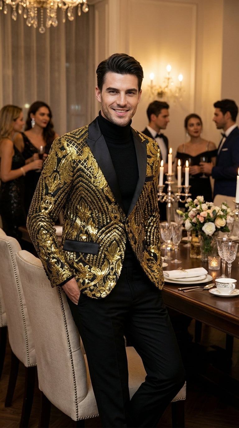Mens Black and Gold Pattern Blazer – Gold Floral Luxury Formal Blazer Jacket for Prom, Wedding and Party Slim Fitted - S