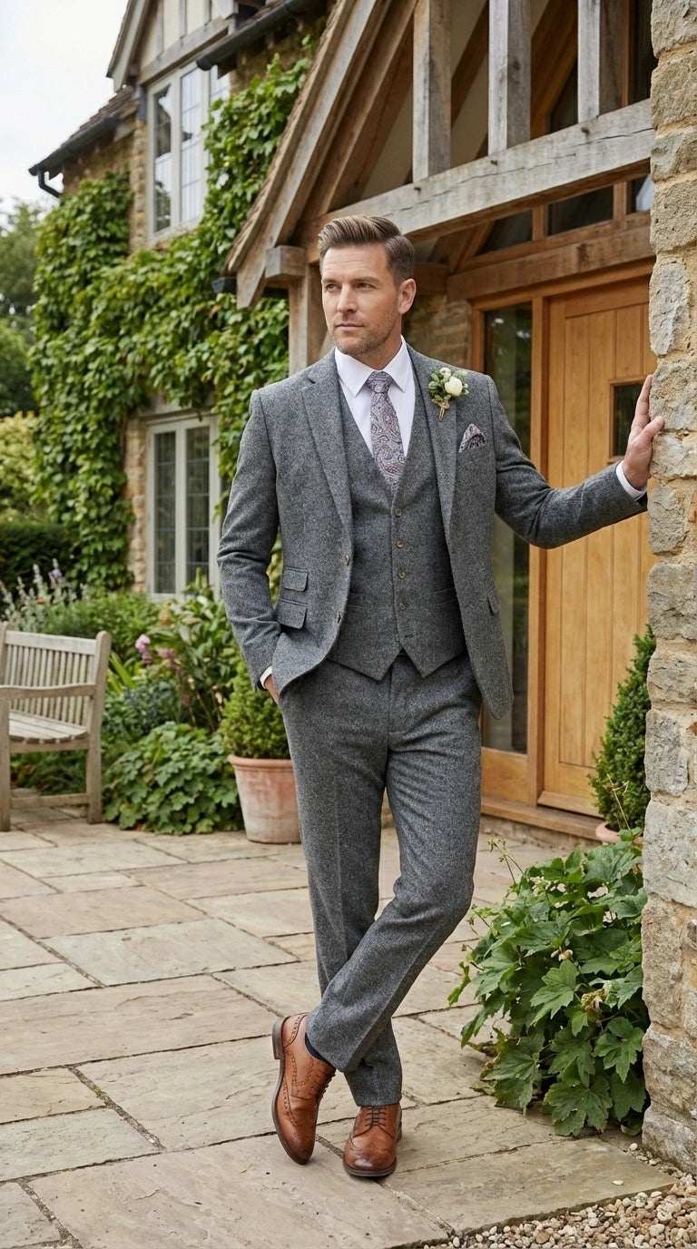 Men’s Peaky Blinder Light Grey Tweed Suit with Vest – Classic Three Piece Formal Suit, Vintage Wedding Business Outfit - 34 Short or Extra Small