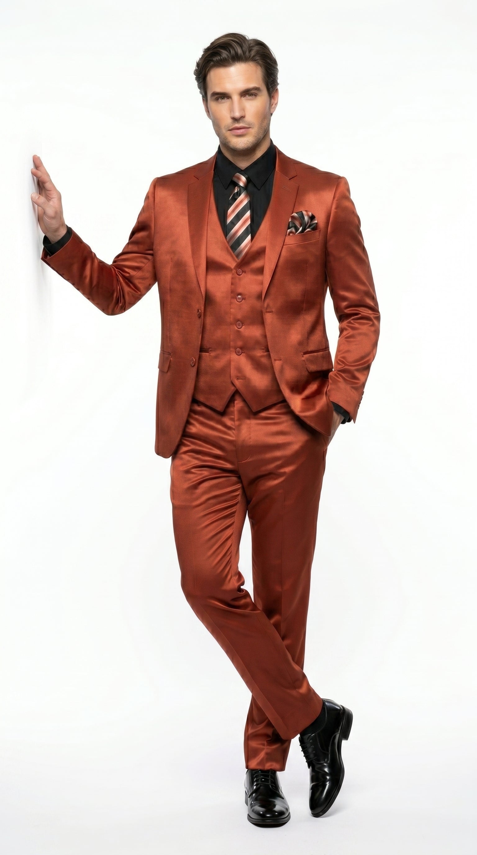 Men’s Rust Copper Coganc Shiny Sateen 3 Piece Suit, Vested Formal Wedding Prom Suit Set Ultra Slim Fit - 34 Short or Extra Small