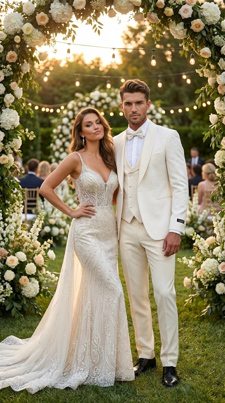 Men’s Ivory Paisley Tuxedo Suit 3 Piece – One Button Vested Satin Formal Suit for Wedding in Off white Cream Color - 40