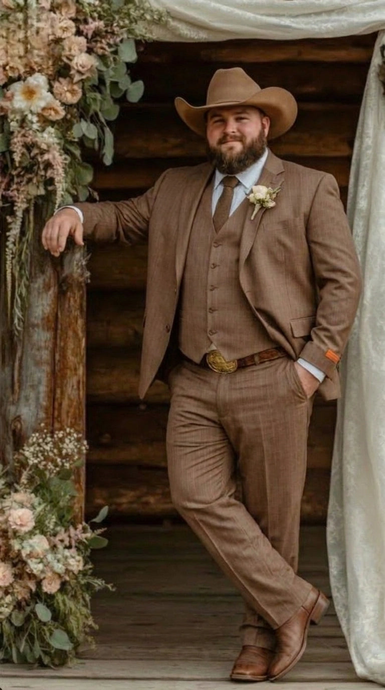 Men’s Light Brown Western 3 Piece Suit – Classic Country Style Blazer Vest Pants Set, Formal Cowboy Suit Toast - 34 Short or Extra Small