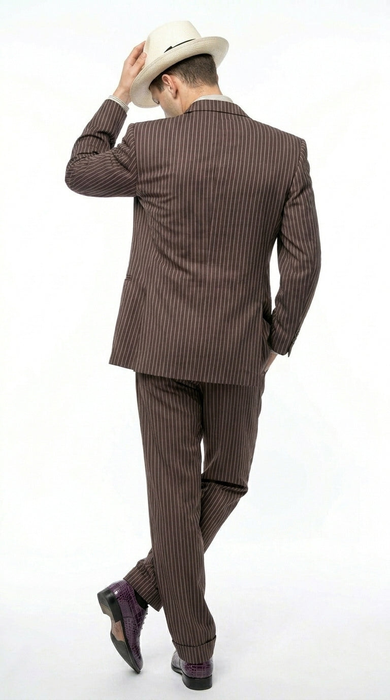 Men’s Brown Pinstripe Bonnie and Clyde Costume Suit – Vintage Gangster 1920s Outfit for Party, Halloween and Themed Events - 34 Short or Extra Small