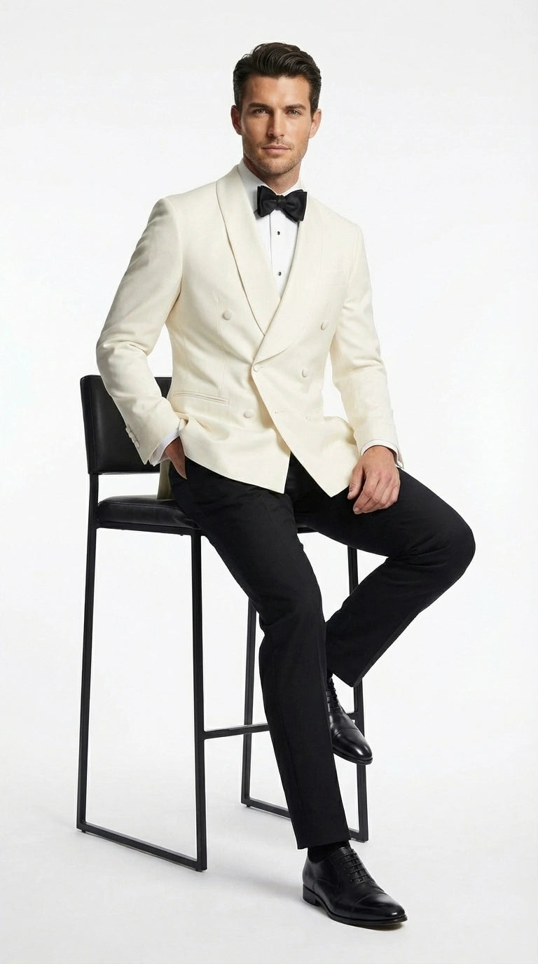 Men’s Ivory Wool Dinner Jacket – Classic Double Breasted Formal Tuxedo Jacket for Wedding and Black Tie Events - 36 Short