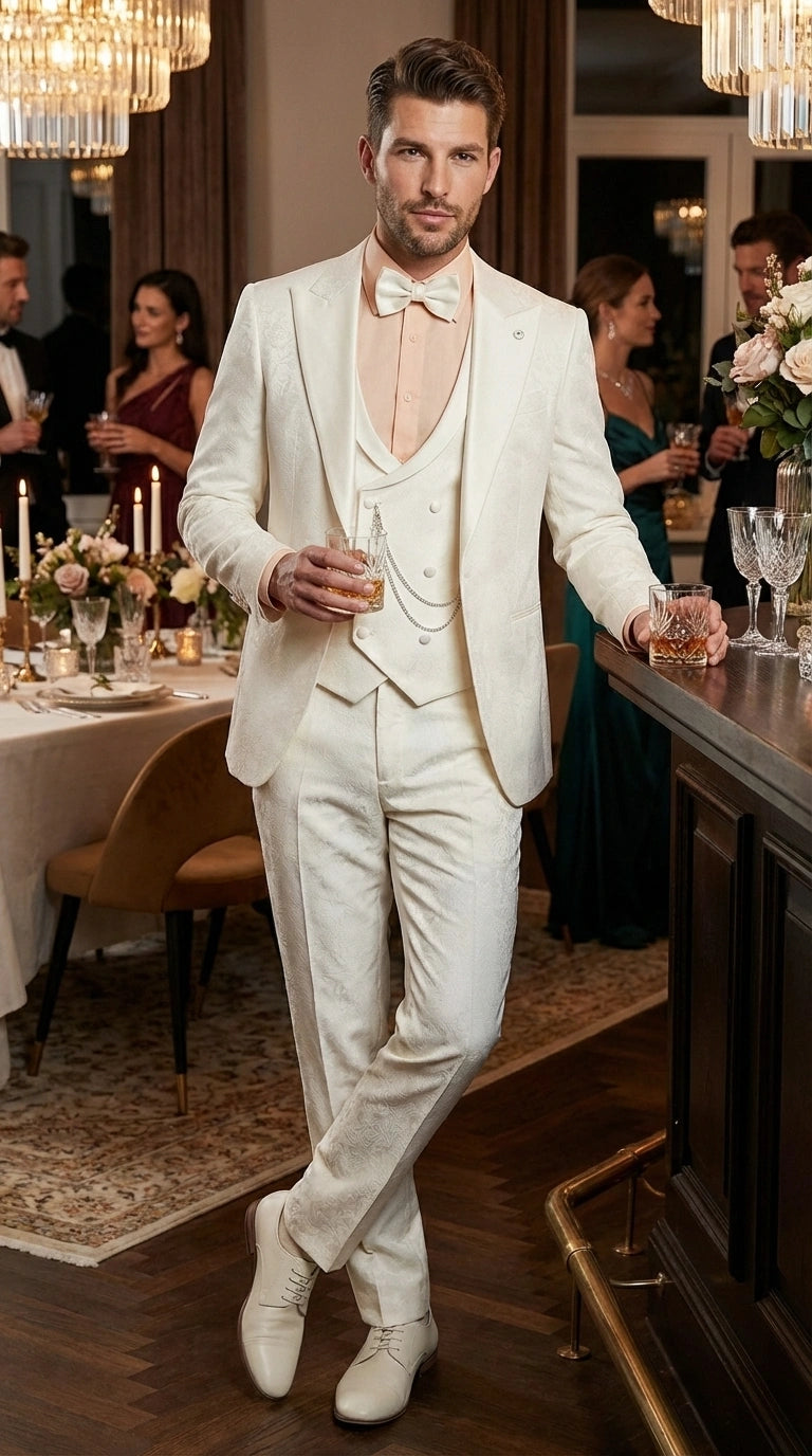 Vinci Men’s Ivory Three Piece Suit – Ivory 3PC Formal Wedding Suit for Groom, Prom and Black Tie Events - 34 Short or Extra Small