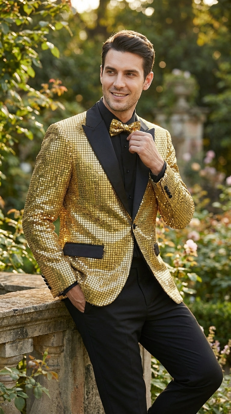 Mens Gold Sequin Blazer with Black Satin Lapel – Gold Formal Party Blazer Jacket for Prom, Wedding and Stage Events - 36 Short