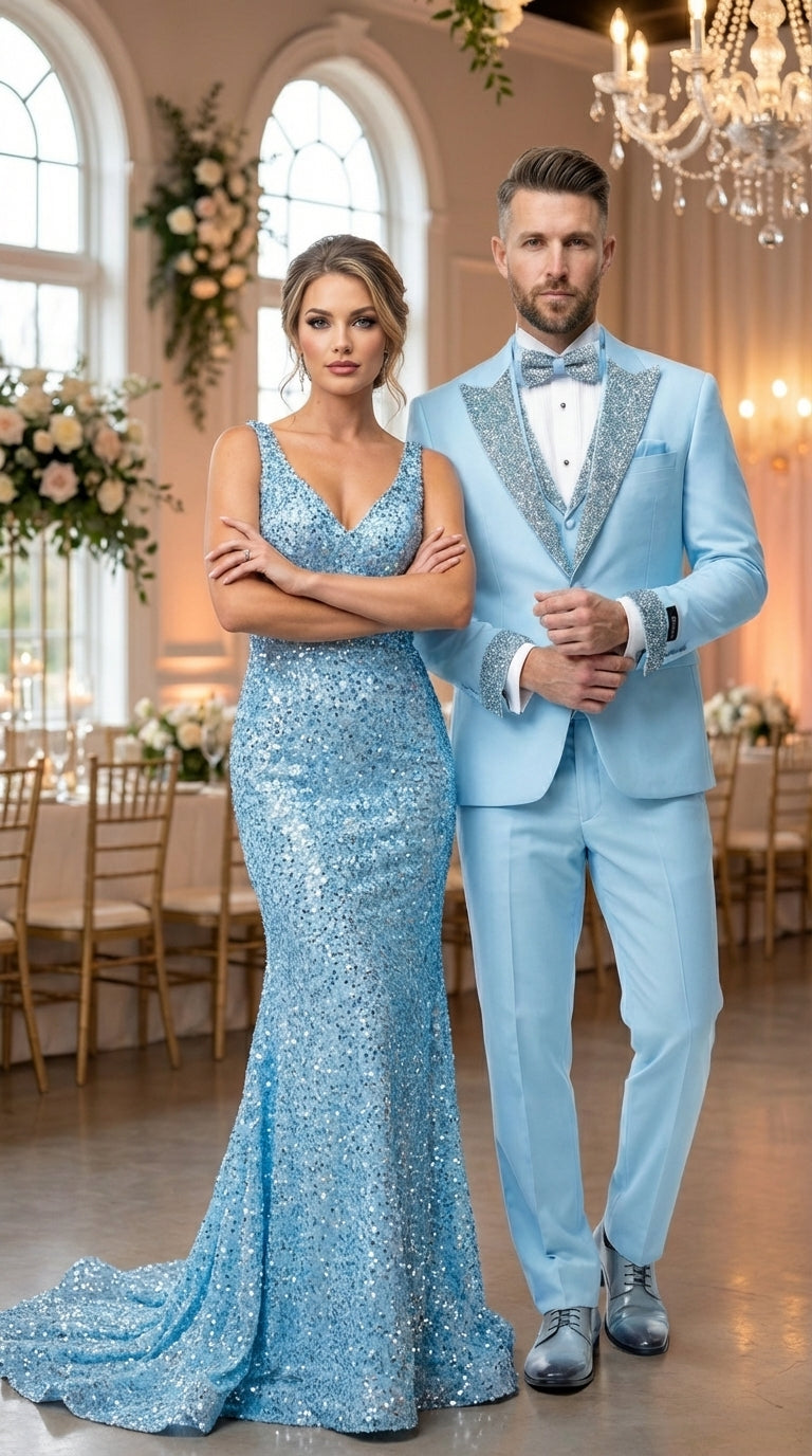 Mens Light Blue 3 Piece Prom Tuxedo – Sky Blue Formal Suit with Sequin Lapel Wedding Party Tuxedo Set in Baby Blue - 34 Short or Extra Small