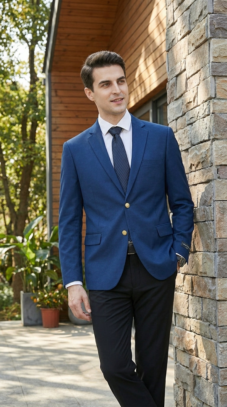 Men’s Sapphire Indigo Cobalt Blue Blazer with Gold Buttons – Classic Single Breasted Formal Business Jacket for Office, Wedding - 36 Short