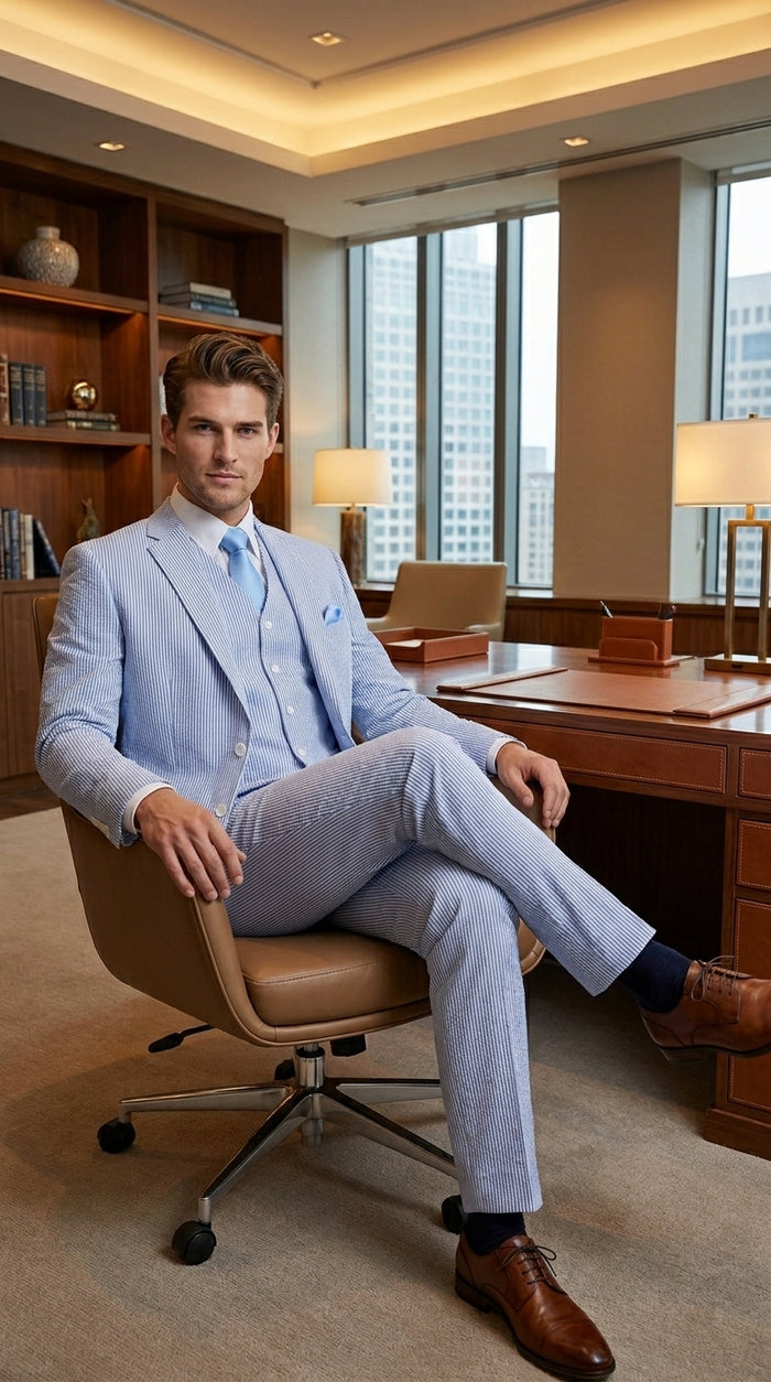 Cheap priced Suit - Mens 2 Button Jacket + Pants Summer Seersucker Blue Suit