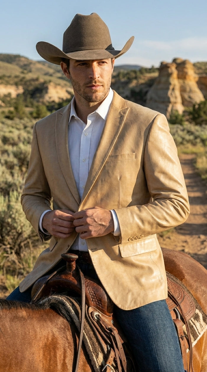 Men’s Champagne Gold Western Blazer, Formal Cowboy Wedding Ranch Sport Coat Jacket tan beige color sheen sharkskin fabric