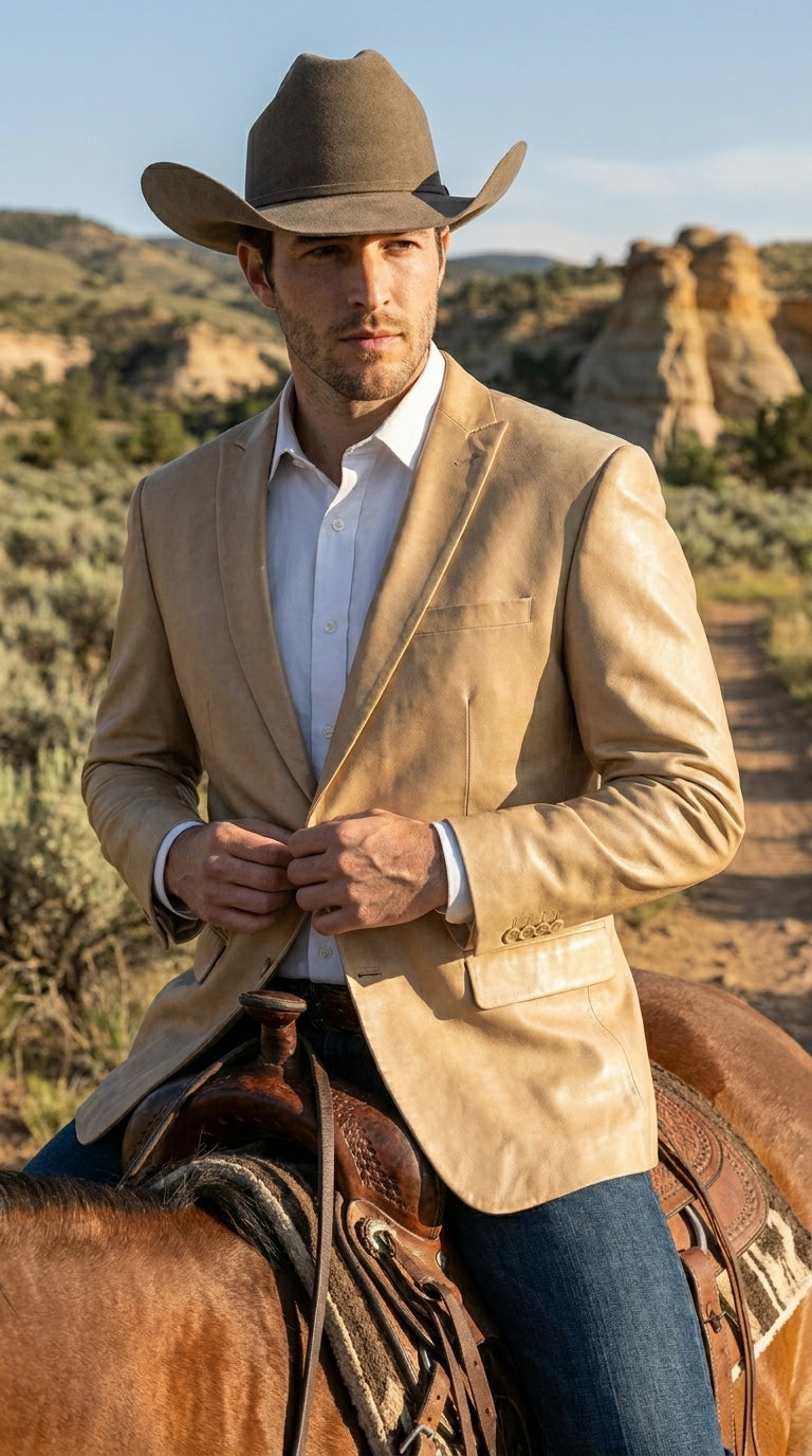 Men’s Champagne Gold Western Blazer, Formal Cowboy Wedding Ranch Sport Coat Jacket tan beige color sheen sharkskin fabric