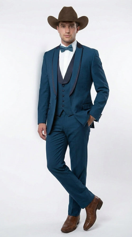 Men’s Teal Blue Western Tuxedo Suit, 3 Piece Cowboy Formal Wedding Prom Suit with Black Shawl Lapel Saphire
