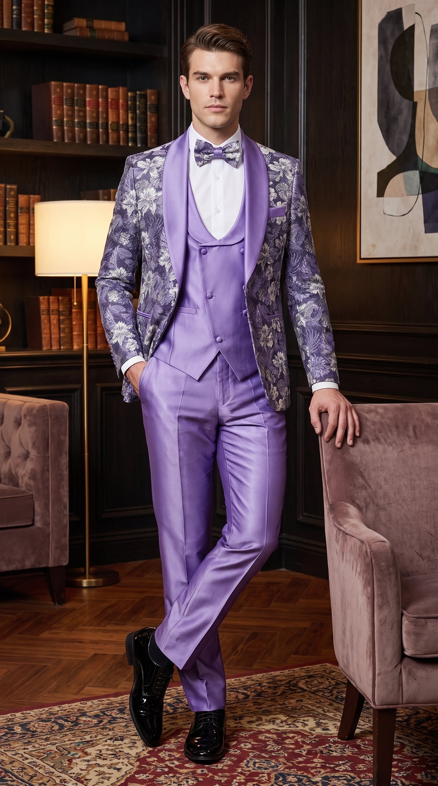 Men’s Lilac Lavender Prom Suit – Floral Shawl Lapel 3 Piece Tuxedo with Matching Vest and Pants - 34 Short or Extra Small