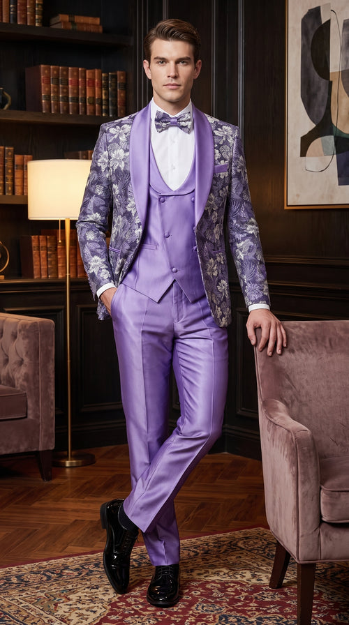 Men’s Lilac Lavender Prom Suit – Floral Shawl Lapel 3 Piece Tuxedo with Matching Vest and Pants