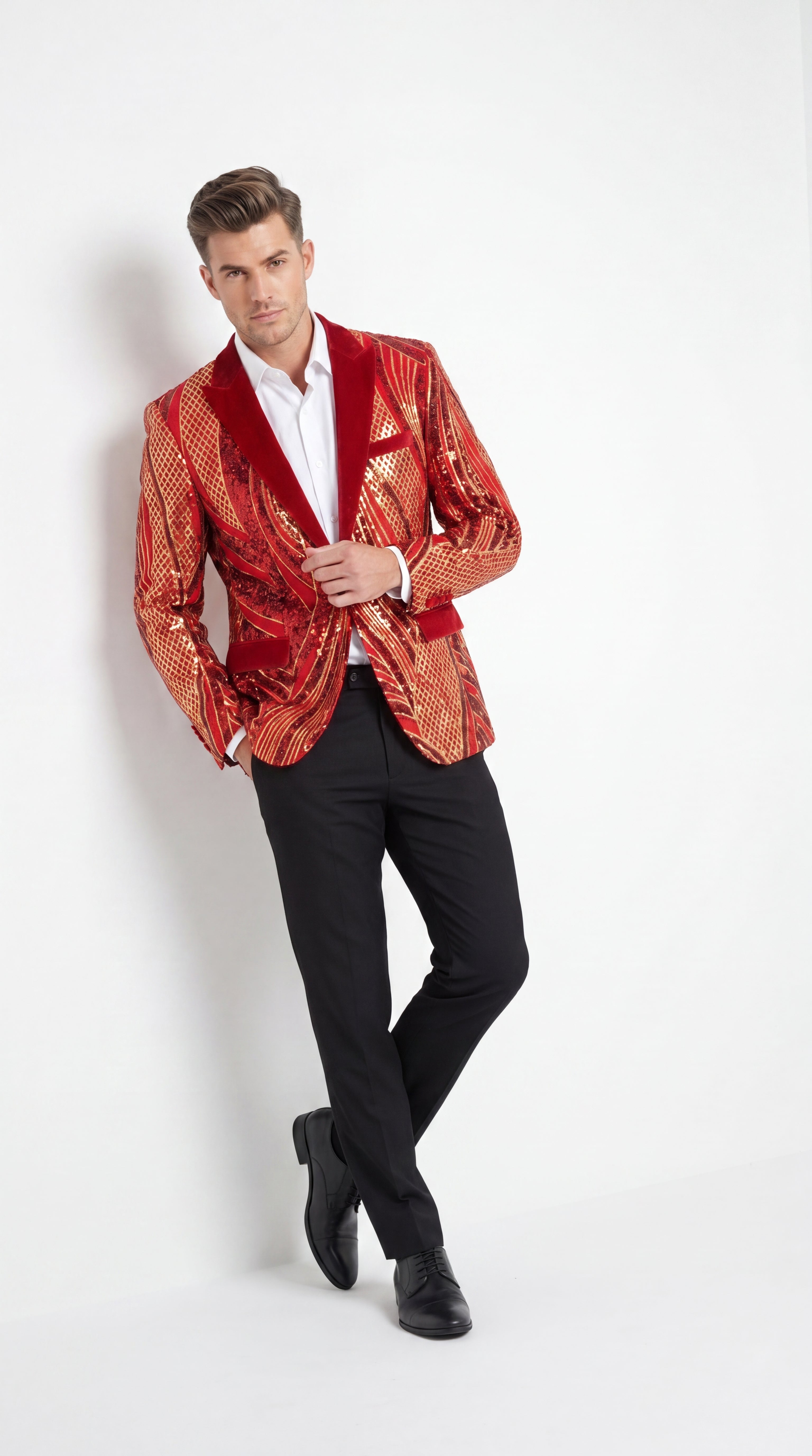 Men’s Red and Gold Sequin Christmas Holiday Blazer – Luxury Party Jacket for New Year, Wedding and Festive Events - 36 Short
