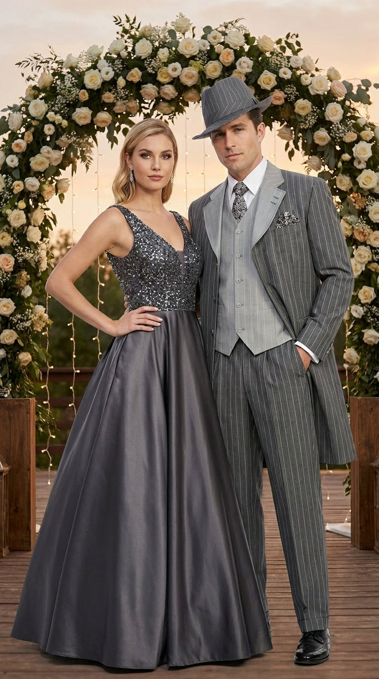 Men’s Grey Pinstripe Zoot Suit 3 Piece – 1920s Gangster Vintage Wide Lapel Suit with Vest for Wedding, Party - 34 Short or Extra Small