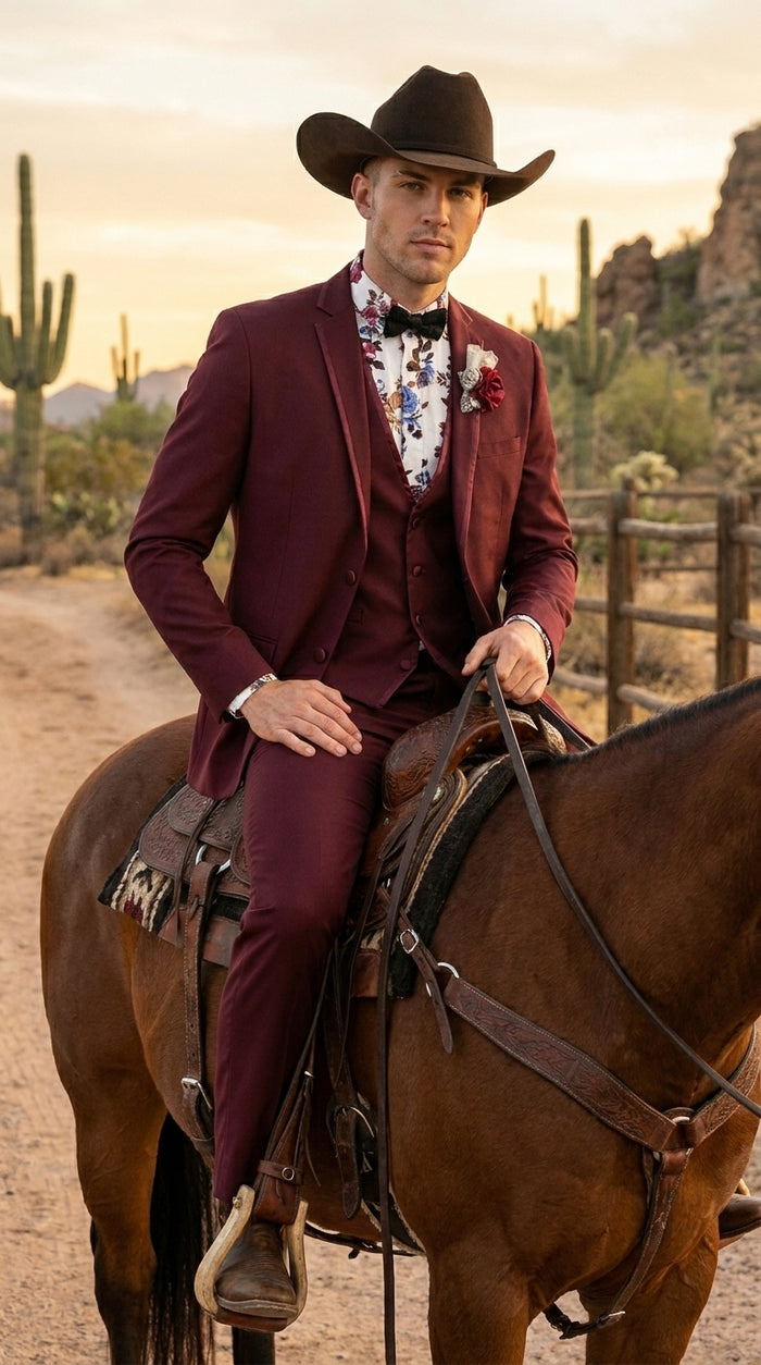 Men’s Burgundy Western Tuxedo Suit, 3 Piece Cowboy Formal Wedding Prom Suit with Satin Trim