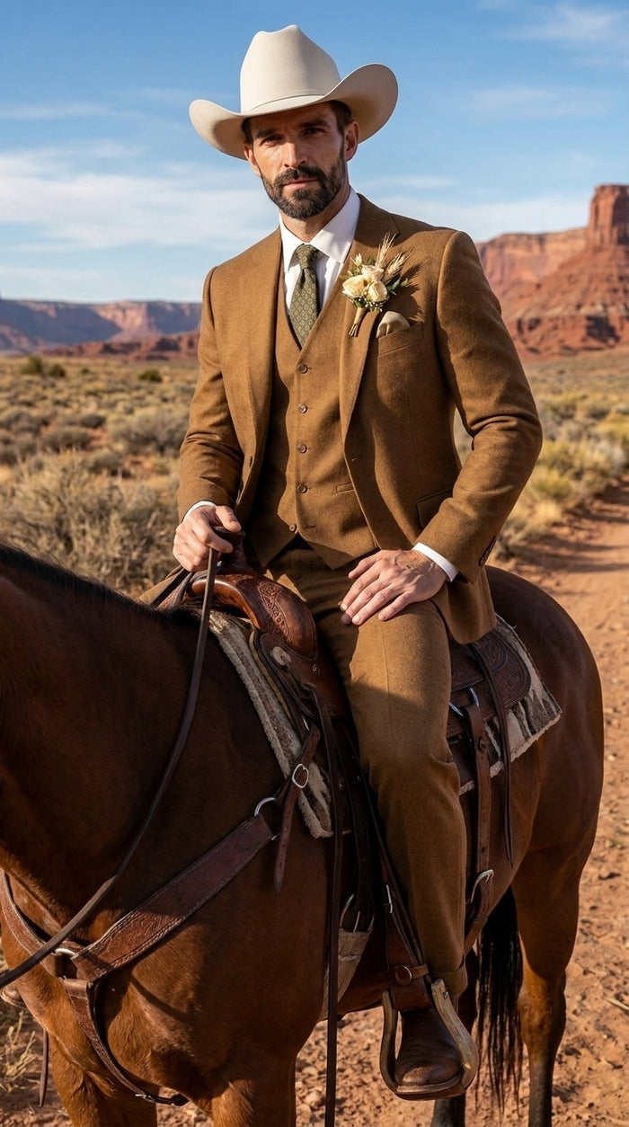 Men’s Tan Groom Outfit Country Wedding 3 Piece Suit Khaki Camel Color Modern Fit